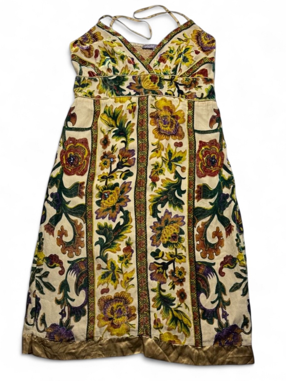 Hale Bob Womens Maxi Dress Sleeveless V Neck Floral Boho Vintage 90s Silk Beads